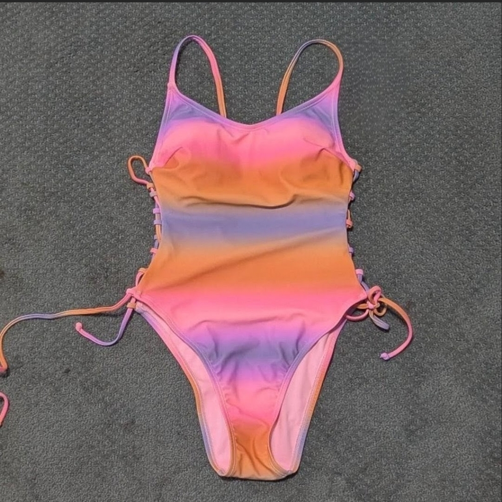 No Boundaries Orange Pink Sunset Ombre One Piece Lace Up Swimsuit